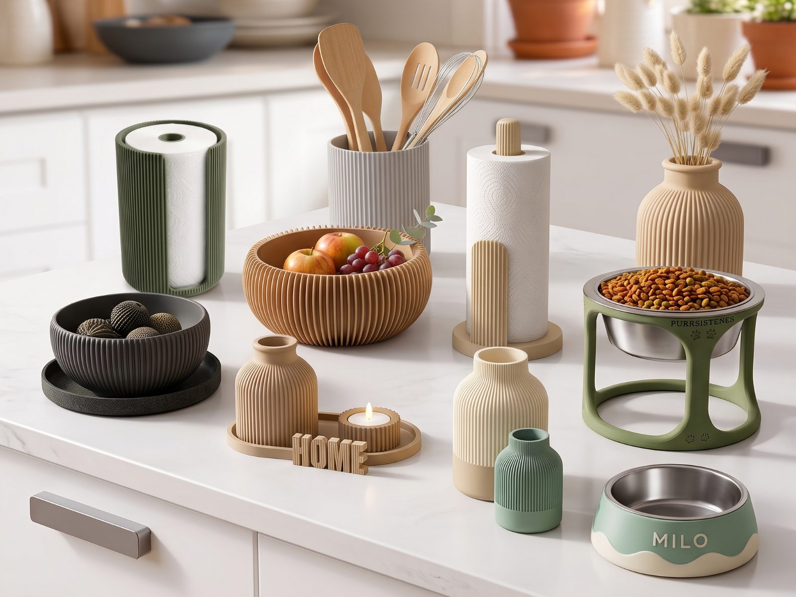 Piezas impresas en 3D sobre una mesada: portarrollos, bowls, jarrones, portavelas y comederos para mascotas